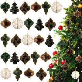 Janinka 24 Pcs Christmas Paper Honeycomb Ornaments 3D Mini Glitter Edge Honeycombs Lantern Reusable Vintage Christmas Hanging Neutral Ornaments for Christmas Tree New Year Home Decor (Cute)
