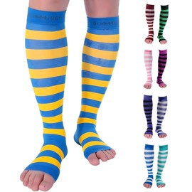 Doc Miller Calcetines de Compresión de Punta Abierta (1 par) 15-20 mmHg Medias de Compresión Para Ejercicio, Recuperación, Dolores, Varices, Mangas para Pantorrillas (Azul Amarillo, X-Grande)