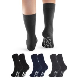OCERA 3 or 6 Pairs of Thermal Stopper Socks with ABS - Non-Slip Socks with Inner Terry Cloth for Men and Women, House Socks, Yoga Socks, Oeko-Tex Certified Cotton, 3 pairs of grey-navy-black