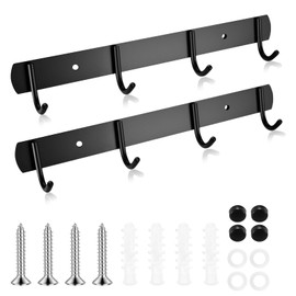 pzihao Pack of 2 Hook Rack Kitchen Hooks, Coat Hooks, Wall Hooks, Coat Hooks, Black, Stainless Steel Coat Rack with 4 Hooks for Hanging Coats, Hats, Jacket Hangers, Metal Wall Coat Hooks