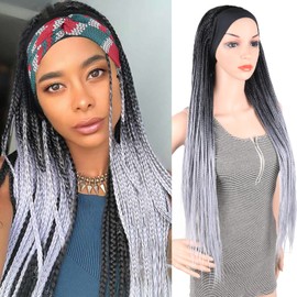 Gray Braided Headband Wigs for Black Women Long Black and Gray Box Braided Wigs Twist Crochet Hair Wrap Wig With Headband Attached Jumbo Braid Cornrow Wig Synthetic Grey Box Braid Wig 30Inch