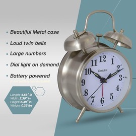 Westclox -Big Ben Twin Bell Alarm Clock | Loud Alarm Clock for Heavy Sleepers | Battery Operated Metal Clock with Backlight for Bedside Table, Bedroom, Kids Room, Desk (Silver, 4")