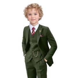 YoTsaiSpring Boys Tweed Suit Baby 3 Piece Tuxedo Formal Deep Green Suit for Boys Tweed Herringbone Wool Blend Boys Suits Jackets Vest Pants Set Size 6