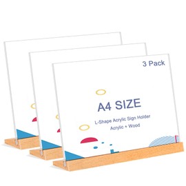 A4 Acrylic Display Stand with Wooden Base, 3 Pieces Menu Holder, Document Holder Wedding Inclined Document Holder Made of Transparent Acrylic, Pack of 3 Counter Stands