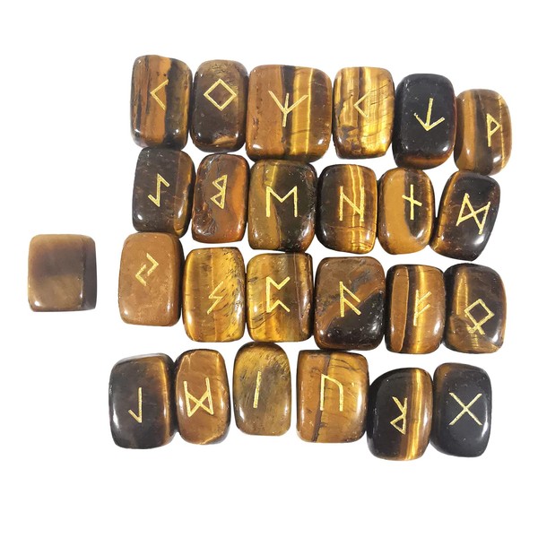 Lovionus89 Natural Rune Stones Set (25 Pieces), Polished Gemstone with Carved for Fortune Telling, Crystal Healing Reiki, Tiger's Eye
