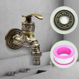 Kleemeiero Vintage Tap 1/2 Inch Antique Brass Tap Garden Wall Tap Zinc Alloy Washing Machine Tap Dragon Carved Tap with Plumbing Tape for Home Kitchen Garden