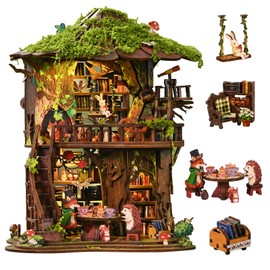 DIY Miniature House Kit, Forest Tea Book Club Fantasy Fairy Forest 3D Wooden Dollhouse with LED Light, Wooden Puzzle Building Model Kit, Stress Relief Creative Craft Gift for Adults Teens