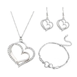 BKEPDY Love Jewellery Set Double Heart Necklace Earrings and Heart Bracelet Jewellery Set Heart Earrings Jewellery Set Fashion Jewellery Christmas Birthday Gift, 100% alloy
