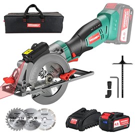 HYCHIKA Cordless Circular Saw,20V Mini Circular Saw with 4.0Ah Batteryï¼3 Blades(4-1/2",4-9/10"),3500RPM Max Cuting Depth:90Â°(48mm)/45Â°(32mm),Compact Circular Saw for Wood, Plastic and Soft Metal