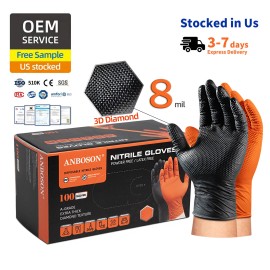 ANBOSON 8mil Orange Diamond Grip Nitrile Gloves Industrial Grade Heavy Duty Powder-Free for Oil Change Garage MaintenancePacking: 100pcs/box, Size: Xl, Color: Black, Thickness: 8MIL