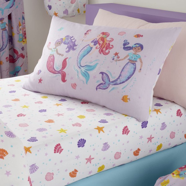 Happy Linen Company Girls Kids Magical Mermaids Lilac Purple Toddler Cot Bed Reversible Extra Pair Of Toddler Pillow Cases