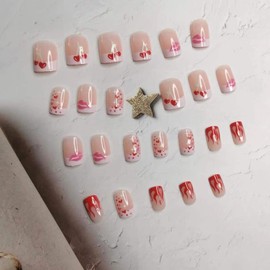 Short Glossy Press on Nails Cute Flame Love French Pink Lips Design Valentine's Day False Nails with Glue on Nails Medium Square Artificial Nails Reusable Stick on Nail for Women Heart Manicure 24Pcs