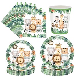 Jungle Animal Birthday Decorations Tableware - Safari Birthday Decorations Including Plates, Cups, Napkins, Wild One Birthday Baby Shower Party Supplies (Serve 24)