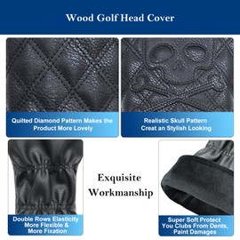 Golf Club Headcovers for Driver Fairway Hybrid - Premium PU Leather Skull Pattern (Driver-Skull-Black)