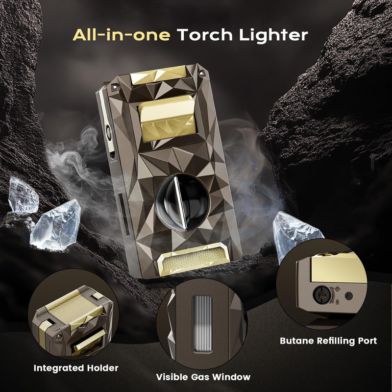 All-in-one Butane Torch Lighter with Cutter, Punch, Holder, Draw Enhancer