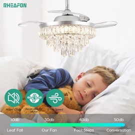 RHEAFON Dimmable Fandelier Crystal Chandelier Ceiling Fan Retractable Ceiling Fan with Lights and Remote 6 Speed, 3 Light Change Retractable Chandelier Ceiling Fan for Bedroom