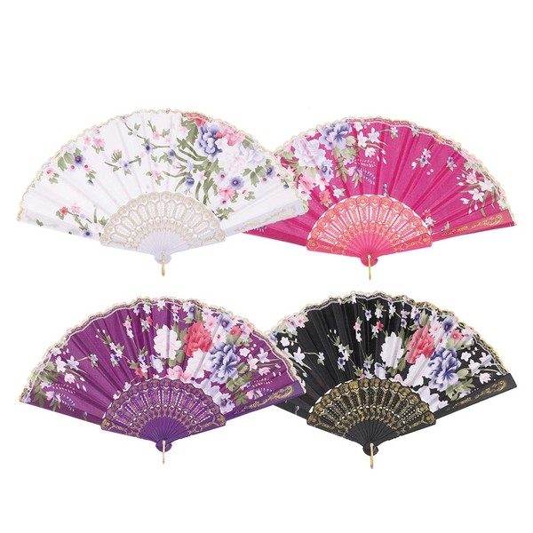 Aoliandatong Folding Hand Fan,4 Pieces Hand Held Chinese Fan Golden Embroidered Edge Folding Fans,Silk Cloth Handheld Fans for Wall Decoration Dance Performance Wedding Party Festival Gift