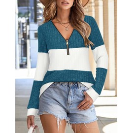 Gemulate Women's Long Sleeve Sweaters Tshirts Ladies Tops v Neck Jumpers Knitwear Sweatshirts Nutmeg Clothing for Women W-Peacock Blue XXL