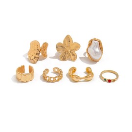 Chunky Knuckle Rings for Women Chunky Gold Ring Set Stackable Crystal Knuckle Rings Baroque Pearl Flower Ring Statement Chunky Jewelry for Women (gold4)