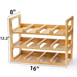 Pumtus 3 Tier Bamboo Water Bottle Organizer, Stackable Bottle Storage Rack, Tumbler Shelf Organizer, Wine Bottle Holder, Drinking Cup Display Rack for Cabinet Kitchen Cupboard, Hold 12 Bottles