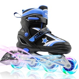 WELLWON Inline Skates for Boys Ages 3-6 - Blue Adjustable Kids Roller Blade for Beginner, Fun Illuminating Inline Skate Shoes Outdoor and Indoor