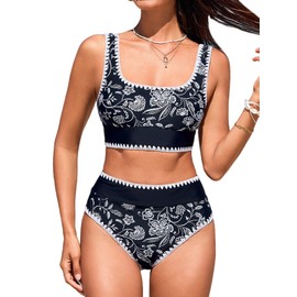 CUPSHE Women's Bikini Sets Two Piece Swimsuit Scoop Neck Tank Wide Straps Midkini Stitching,XS Black/White