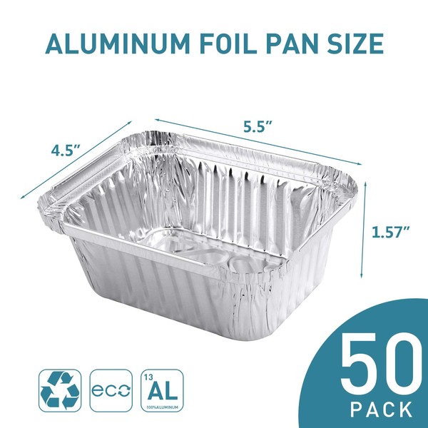XIAFEI 1LB Takeout Foil Pans with Lids(50 Pack), Recyclable Food Storage,Disposable Aluminum Foil for Catering Party Meal Prep Freezer Drip Pans BBQ Potluck Holidays- 5.5" x 4.5"x 1.57"