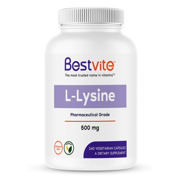 L-Lysine 500mg per Capsule (240 Vegetarian Capsules) - No Stearates - No Fillers - No Flow Agents - Vegan - Non GMO - Gluten Free
