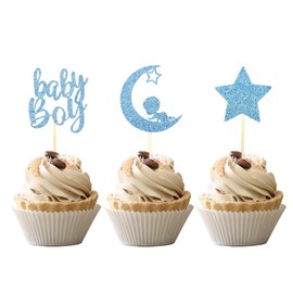 24 PCS Baby Shower Boy Cupcake Toppers with Moon Star Blue Glitter Baby Boy Cupcake Picks Baby Shower Boys Birthday Party Supplies