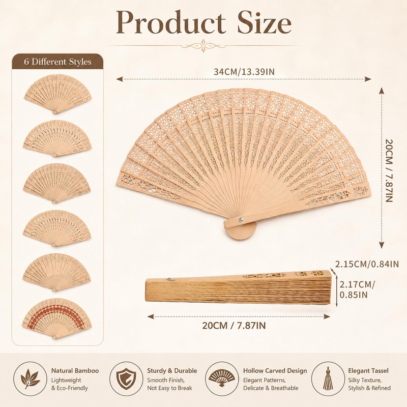 Ligynotu 6Pcs Vintage Bamboo Folding Fans Wedding Wooden Hollow Carved