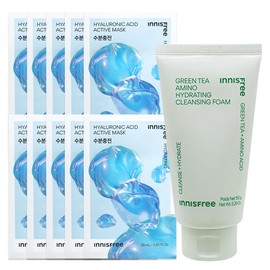 (10 sheets) Innisfree Active Mask Hyaluronic Acid (Moisture Recharge) + Green Tea Amino Moisture Cleansing Foam / (10매)이니스프리 액티브 마스크 히알루론산 (수분충전)+그린티 아미노 수분 클렌징 폼