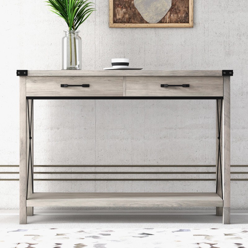 Modern Console Table with 2 Drawers, Long Narrow Sofa Table