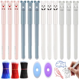 BORISCA Pack of 12 Black Cartoon Erasable Ballpoint Pens with 24 Refills and 2 Erasers, Gel Pens Erasable 0.35 mm Erasable Pens Panda, Erasable Pens Suitable for Adults Children