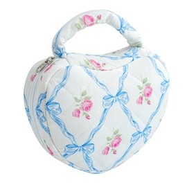 JOVAKIT Quilted Heart Shaped Makeup Bag Cosmetic Bag for Women with Handle, Floral Coquette Cotton Travel Makeup Case Toiletry Zipper Make Up Pouch, Travel Storage Organizer Stuff (Blue Bowknot)