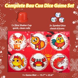 pldnhzua BAU Cua Ca Cop Dice Game Set – Vietnamese Lunar New Year Party Game with 15.7 x 23.6 in Non‑Slip Mat, Dice Shaker Cup & 3 Dice (Fish Shrimp Crab Rooster Gourd Deer)