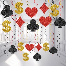 Casino Party Decorations Hanging Swirls - 48Pcs Glitter Casino Night Party Decorations with Red Diamonds Hearts Black Clubs Spades Gold Dollar Signs Hanging Swirls for Casino Hanging Decorations