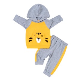KIMI BEAR Toddler Baby Boys Clothes Long Sleeve Hooded Tops Sweatshirts Pants Outfit Set Boys Fall Winter Spring Outfits (Gray Yellow, 6-12 Months)