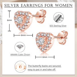 Zolkamery Silver Stud Earrings, 925 Sterling Silver Heart Studs Earrings for Women, Small Stud Earrings with Zirconia, 6mm Tiny Rose Gold Hypoallergenic Earring, Fashion Jewellery for Girls Ladies