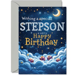 Step Son Birthday Card - Starry Night Moon Clouds - Happy Birthday Card for Step Son from Dad Mum, 5x7 Inch Male Bday Greeting Cards