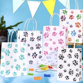 Liobelon 12 Pieces Puppy Dog Paw Print Gift Bags with Handles Dog Gift Bags Kraft Paper Paw Print Treat Goodie Bags for Dog Cat Birthday Pet Party Favor Supplies,8.7 x 6.3 x 3.1 inch,6 Color