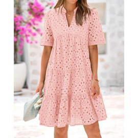 BTFBM Womens Boho Summer Dresses 2025 Resort V Neck Short Sleeve Hollow Out Lace Ruffle Casual Beach Mini Vacation Dress(Pink, X-Large)