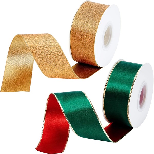 2 Rolls 20 Yards Christmas Stain Ribbon with Gold Edges Double Face Polyester Satin Ribbon Christmas Wrapping Stain Ribbons 1.5 Inch for Christmas Wreath Wedding Decorations, 2 Colors