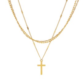 Fviswiak Gold Cross Necklace for Women 14K Gold Plated/Silver Layered Cross Choker Dainty Tiny Sideway Gold Cross Pendant Necklace Trendy Jewelry Gifts for Women (Gold - Layered Cross)