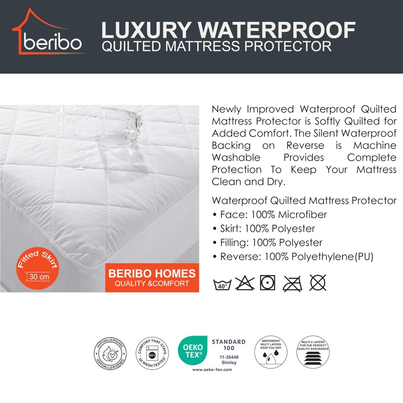 BERIBO Waterproof Mattress Protector - Quilted, 135x190cm + 30cm Deep