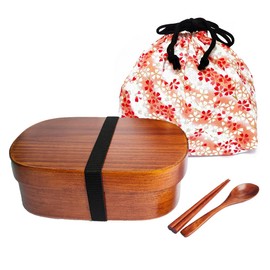 KXLCGYK Magewappa Bento Box, Oval 23.7 fl oz (700 ml), 1-Tier, Lightweight, Mag Wappa Set, Natural Lacquered Rice, Bento Box, Tableware, Pink Flower Drawstring Bag, Wooden Spoon and Chopsticks