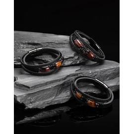 Edulex Mens Cuff Yellow Brown Tiger Eye Bracelet - Stainless Steel Black Leather Bracelets for Men - Multilayer Row Punk Jewelry