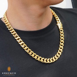 KRKC&CO 12mm/14mm Cuban Link Chain Flat Chains, 18K Gold Plated Men’s Stainless Steel Necklace, Anti-Tarnish Anti-Allergies, Miami Curb Chains Hip Hop Jewelry for Men Homme (12mm-18K Gold Plated, 20)