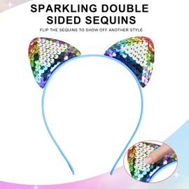 UNDEHAAC 3 Pack Colorful Cat Ears Headband for Women, Boys & Girls - Holiday Party Cosplay Role Play Costume Accessories, Multicolored Reversible Sequin Cat Ears