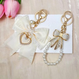 UDPP 2Pcs Cherry Keychain & Pearl Bow Keychain, Sparkly Bowknot Purse Charm Flower Key Chain for Women Handbags Backpacks Keys (White & Rhinestone Bow)