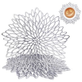 wiipara Set of 4 Place Mats, Washable, Modern PVC Placemats, Round, Christmas Decorative Table Mat, Dining Table Place Plate, Place Mat, Round for Home, Wedding (Silver, with Coaster)